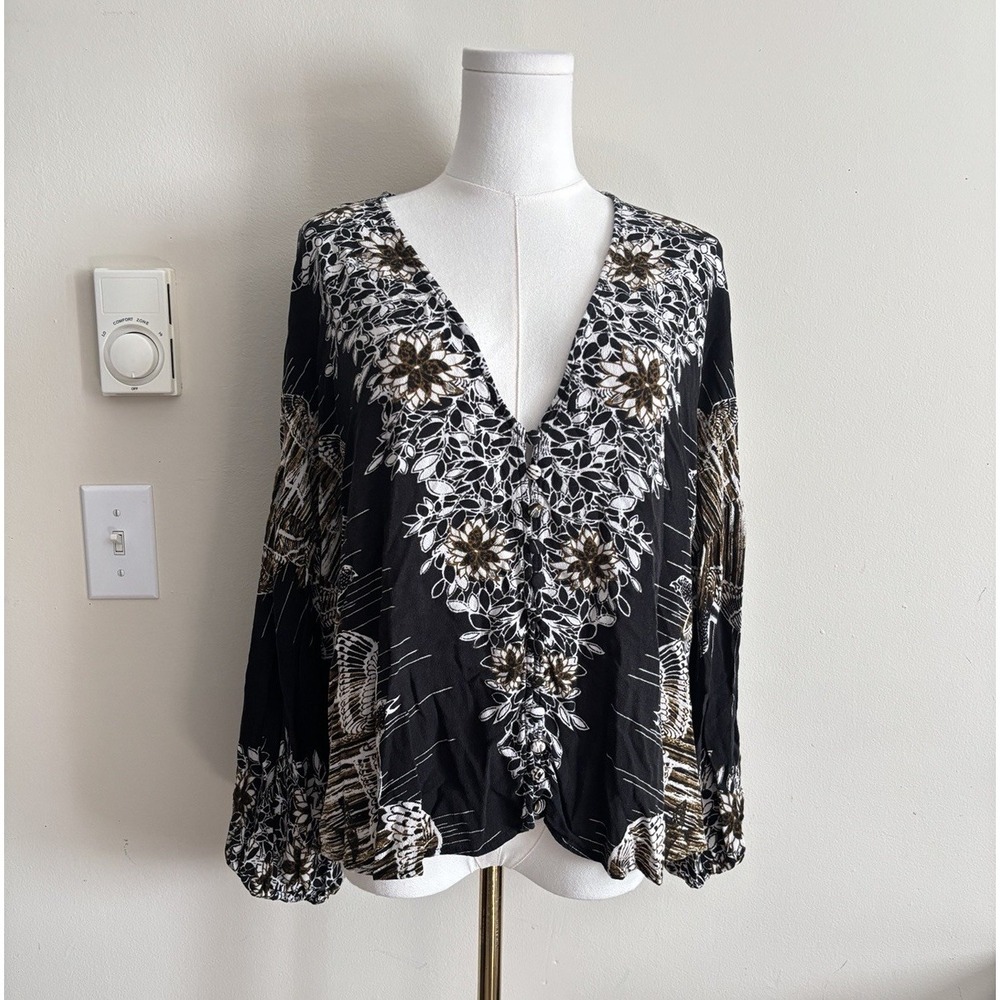 Free People Womens Large Birds of a Feather Deep V Top Floral Boho Black Brown
